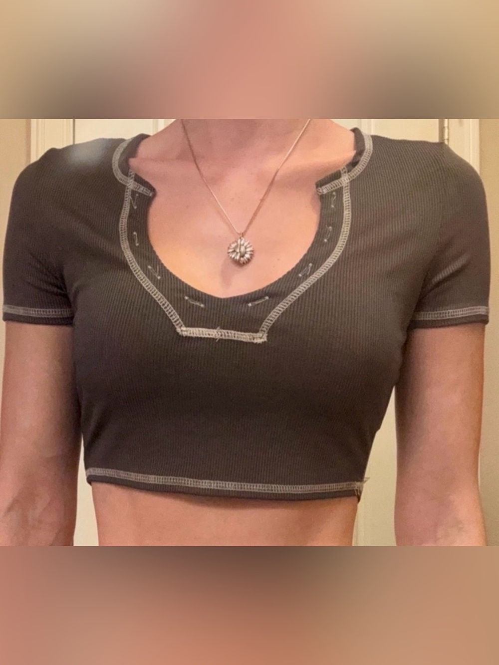 Grey Ribbed Crop Top Short Sleeve TShirt Baby Tee XS